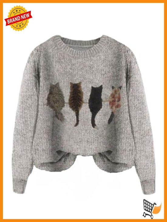 Sweaters - Cat Graphic Sweater Long Sleeve Crew Neck Knit Pullover Top